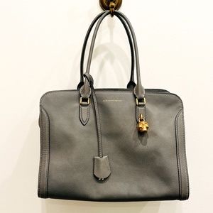 ALEXANDER MCQUEEN Pebbled Calfskin Large Skull Padlock Zip Around tote dark grey